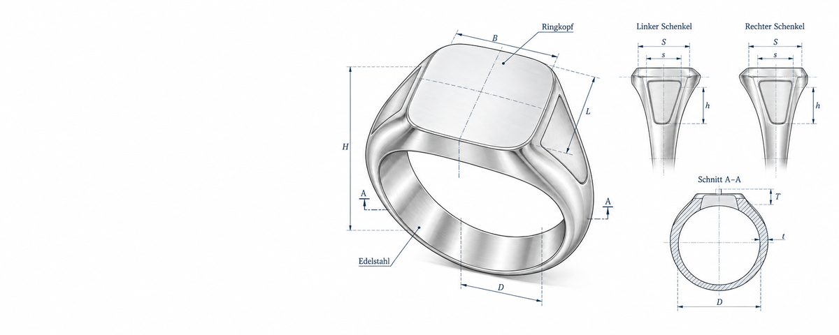 Technische Zeichnung eines individuellen Edelstahlrings mit freier Textfläche links