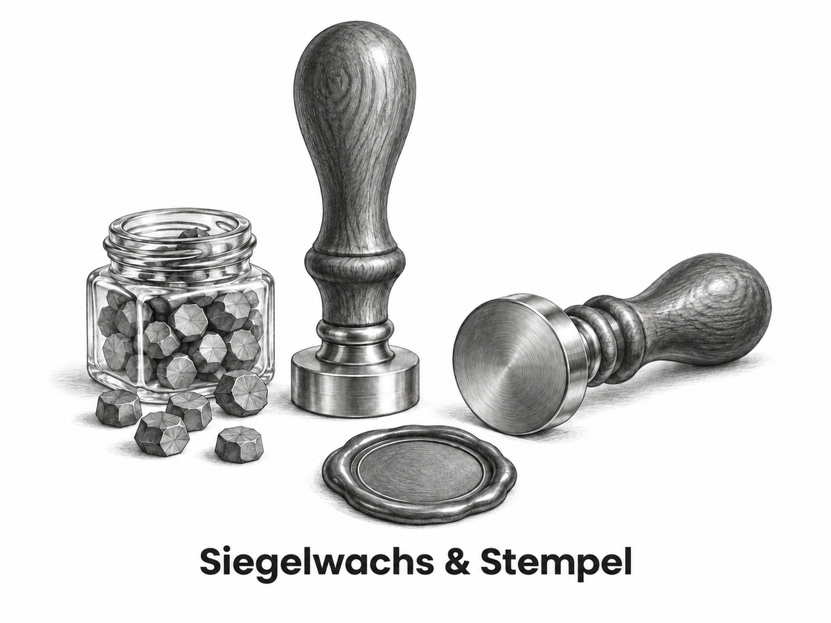 Siegelwachs & Stempel – Bleistiftskizze mit Kategoriebezeichnung