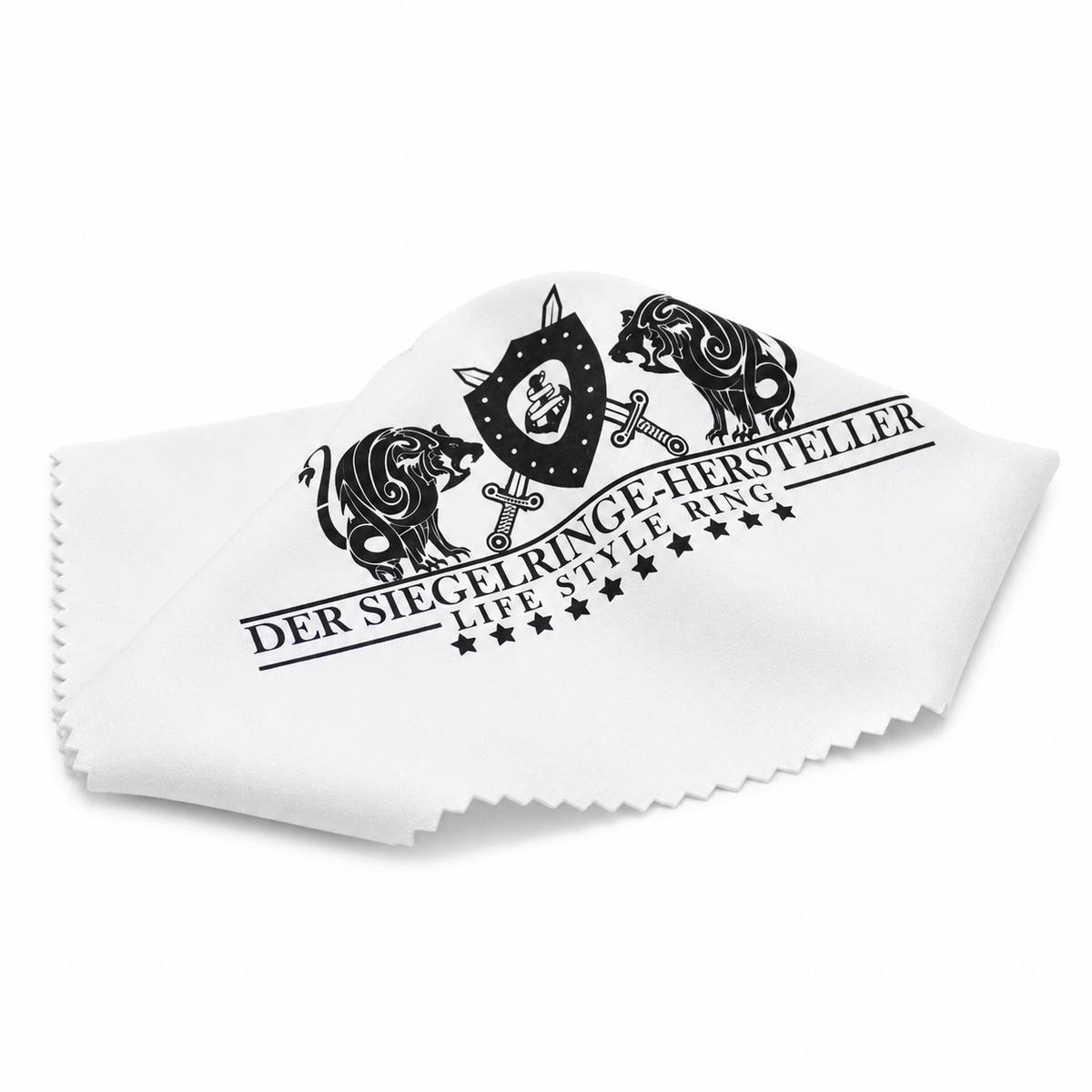 Weißes Mikrofasertuch mit dem Logo von Der Siegelringe-Hersteller