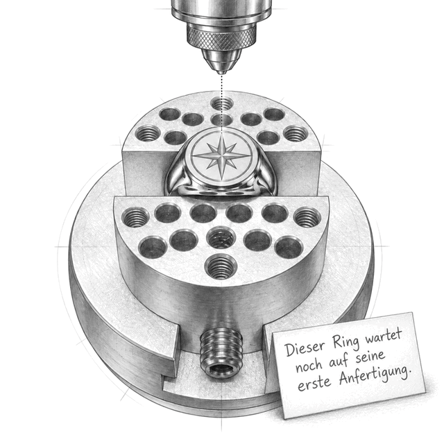 Symbolische Bleistiftanimation eines Rings in der Laser-Haltevorrichtung. Schild: Dieser Ring wartet noch auf seine erste Anfertigung.