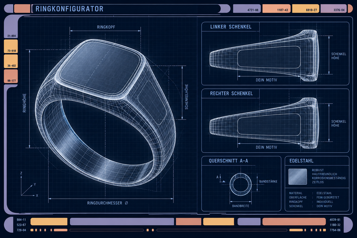 Futuristische Blaupause eines individuellen Siegelrings mit separaten Ansichten der Seitenschenkel