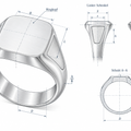 Technische Zeichnung eines Edelstahl-Siegelrings mit Ringkopf, Seitenschenkeln und Querschnitt