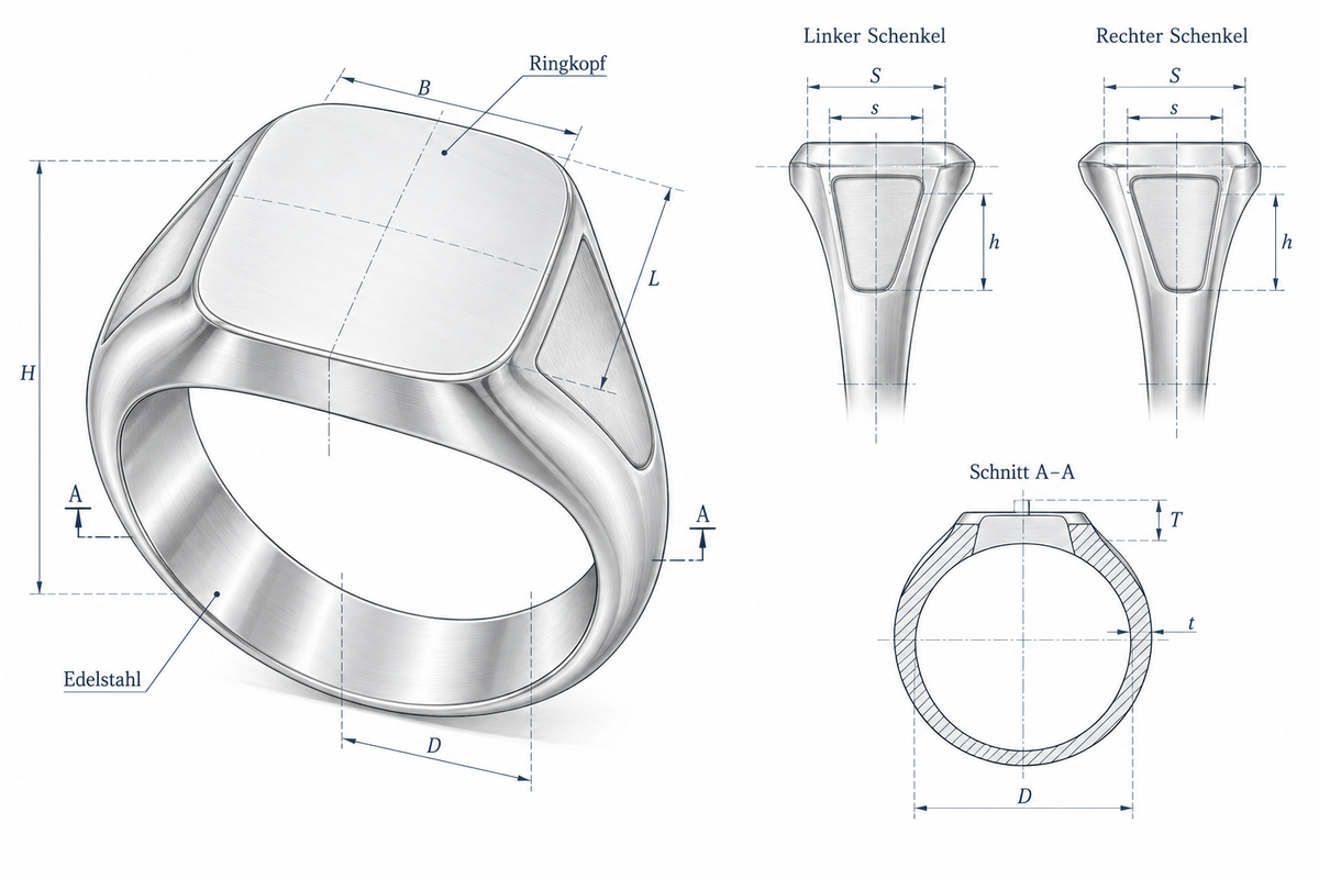 Technische Zeichnung eines Edelstahl-Siegelrings mit Ringkopf, Seitenschenkeln und Querschnitt