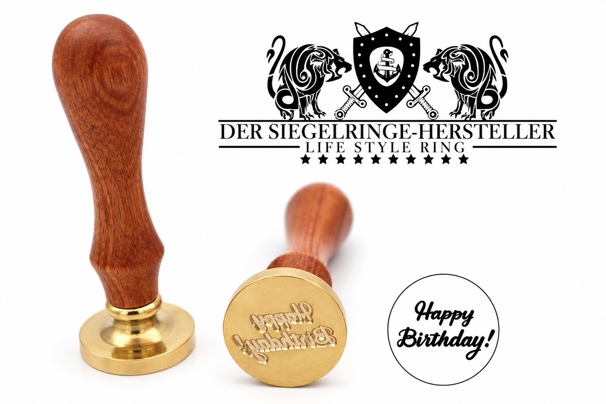 Happy Birthday Siegelstempel mit Holzgriff und Messingkopf, Motivansicht