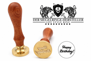 Happy Birthday Siegelstempel mit Holzgriff und Messingkopf, Motivansicht
