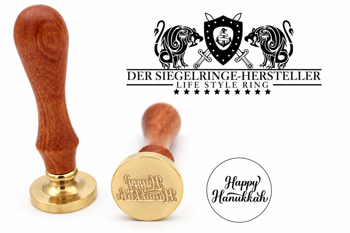 Happy Hanukkah Siegelstempel mit Holzgriff und Messingkopf, Motivansicht