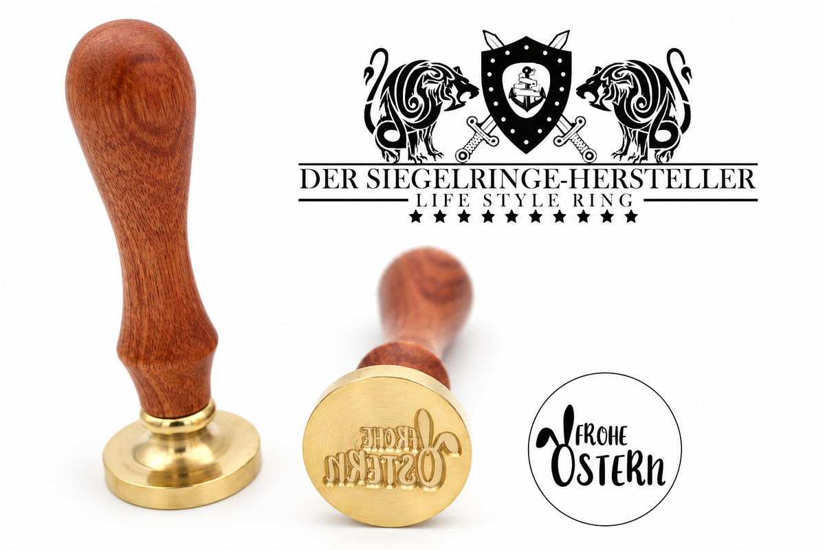 Frohe Ostern Siegelstempel mit Holzgriff und Messingkopf, Motivansicht