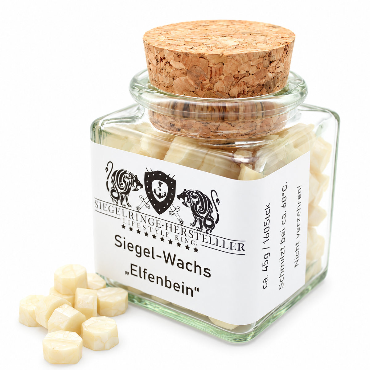 Siegelwachs-Drops elfenbein im Glas mit Korkverschluss auf weißem Hintergrund