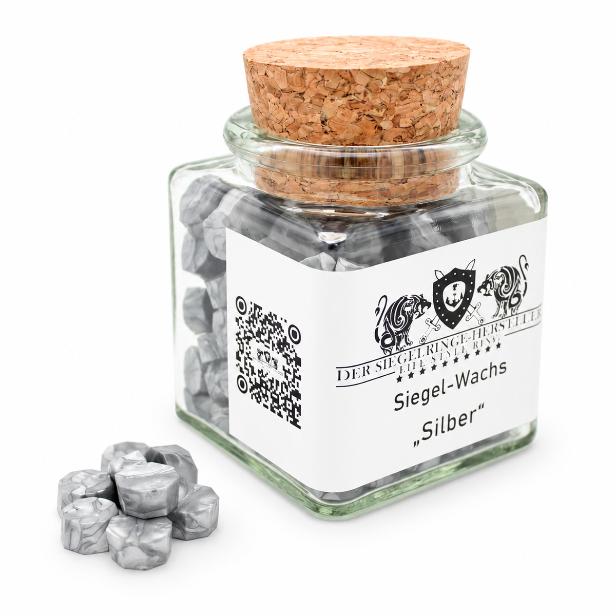 Siegelwachs-Drops silber im Glas mit Korkverschluss auf weißem Hintergrund